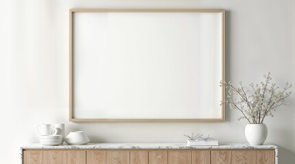 Modern Minimalist Interior Mockup – Blank Canvas Above Marble-Topped Sideboard