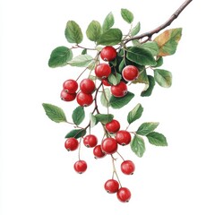 Fresh Cranberries with Green Leaves Vector Illustration