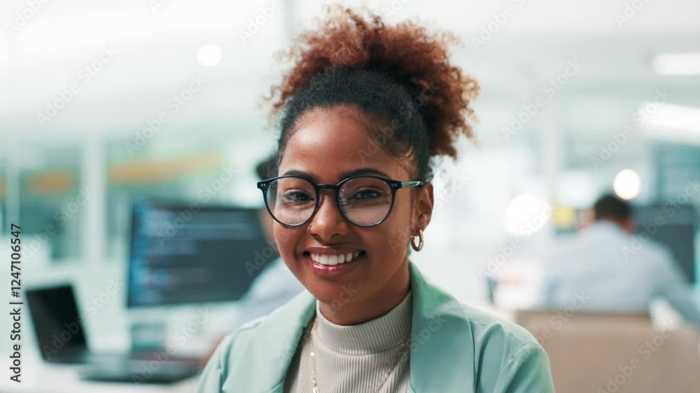 Poster Happy woman, face and software developer with glasses for app design or coding at office. Portrait, female person or programmer with smile on technology for UI, UX or AI development and programming