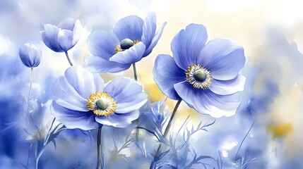 A watercolor painting of anemones in shades of blue
