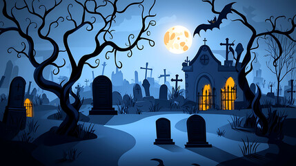 A graveyard with a church in the background and a full moon in the sky. generated using AI