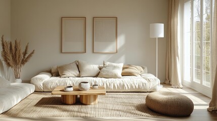 Minimalist neutral-toned living room interior. Generative AI