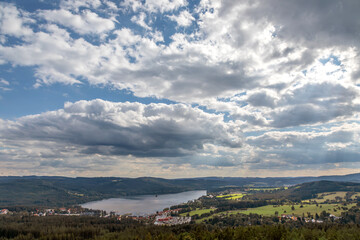 Lipno dam, Czech Republic. View from above. Cloudy sky.