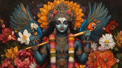 Kamadeva, the god of love, riding a parrot and holding a sugarcane bow, surrounded by vibrant flowers and playful imagery of spring