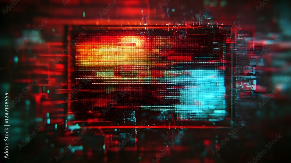 Poster A mesmerizing abstract digital art composition featuring vibrant neon lights glitch effects and dynamic distortions creating a futuristic and surreal visual experience