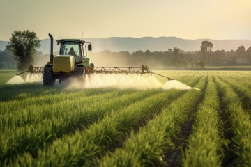 Fototapeta premium Young Corn Under Pesticide Spray. Agronomy, Agriculture and Technology in Machinery Use with Toxic Pesticides for Genetically Modified Crops