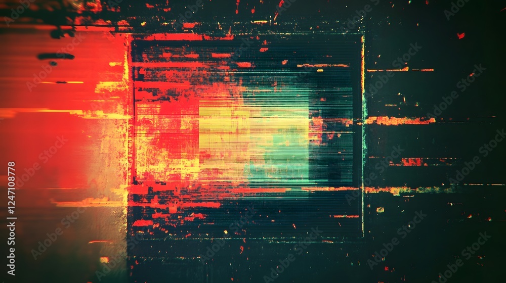 Poster A visually striking and experimental digital art composition featuring a chaotic blend of distorted patterns glitched textures and vibrant surreal colors