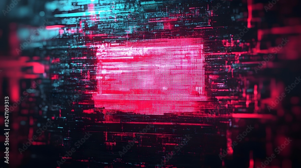 Poster Abstract futuristic neon glitch effect digital matrix background with pulsating energy disruption and visual interference
