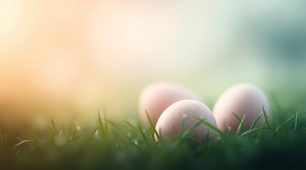 Soft focus image of pastel Easter eggs resting on green grass with a dreamy background