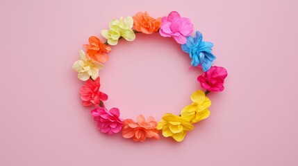 Obraz premium A vibrant floral wreath made of colorful artificial flowers against a soft pink background for decorative purposes.