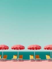 Colorful beach scene featuring vibrant umbrellas and lounge chairs against a serene ocean backdrop on a sunny day.