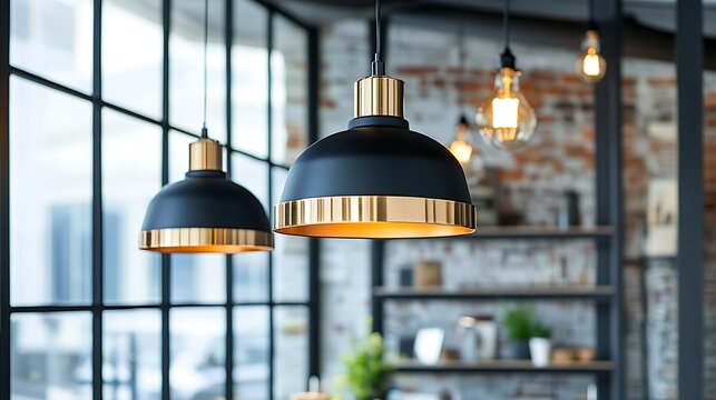 Black and gold pendant lights in modern industrial interior