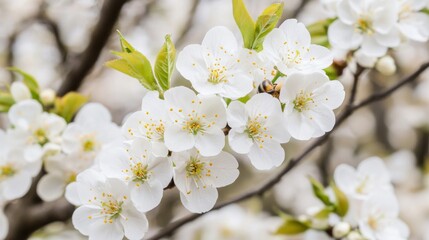 Obraz premium A close-up view of delicate white cherry blossoms blooming on a sunny spring day in a beautiful garden setting.