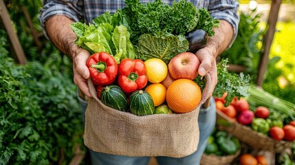 Fototapeta premium A person holds a basket filled with fresh, colorful vegetables and fruits, showcasing vibrant produce in a natural setting.