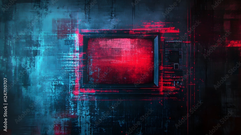 Aufkleber Captivating abstract digital art backdrop with a glowing neon frame futuristic geometric structures and a mesmerizing glitch effect  This contemporary graphic design creates a surreal
