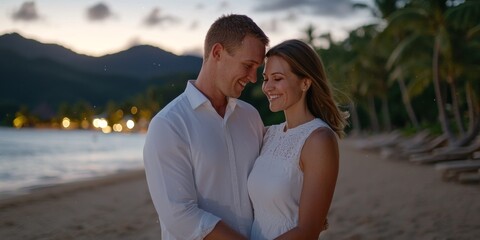 Obraz premium A romantic couple enjoys a serene sunset walk on the beach, surrounded by palm trees and a tranquil ocean view.