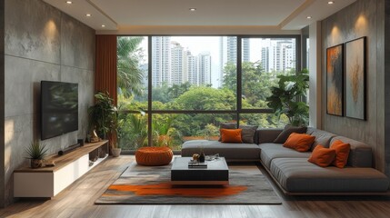 Modern Living Room with Large Windows and City View. Generative AI