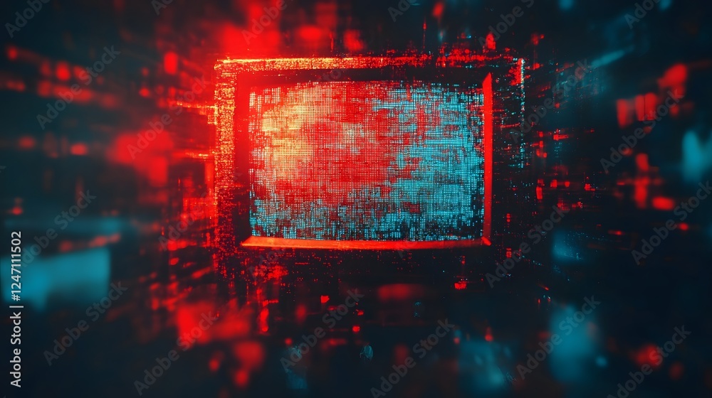 Poster captivating abstract digital landscape featuring a surreal neon lit environment with glitch light ef