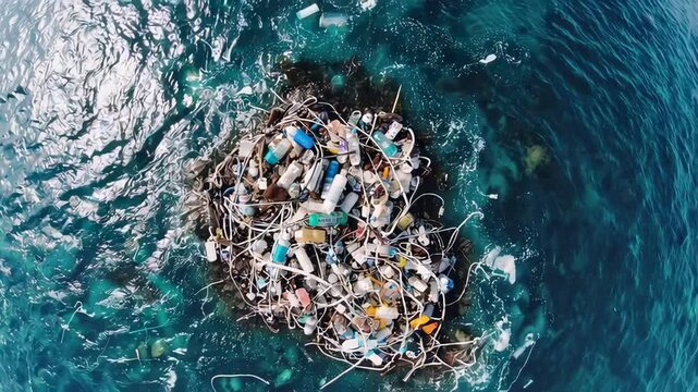 Massive collection of plastic waste drifting across ocean surface, revealing devastating environmental impact through aerial slow motion perspective