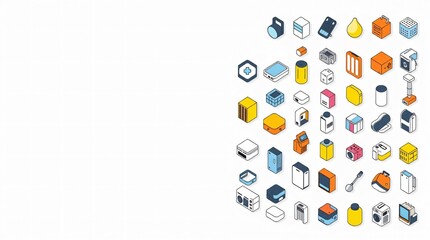 Fototapeta premium Isometric Icons: A colorful and organized collection of isometric icons depicting various objects and symbols, ideal for web design, mobile app development, and presentations. 