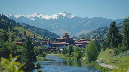Fototapeta premium Scenic view of a traditional building by a river with mountains in the background.