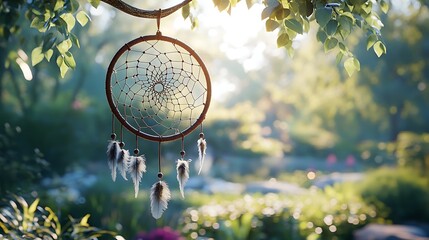 Obraz premium Dreamcatcher with beads and feathers in garden scene