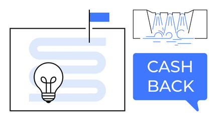 Light bulb on curved path, blue flag, cashback speech bubble, abstract line arrows. Ideal for finance, innovation, rewards programs, brainstorming, business strategies e-commerce marketing