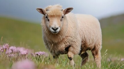 Fototapeta premium A fluffy sheep stands gracefully among vibrant wildflowers in a serene green meadow under a cloudy sky.