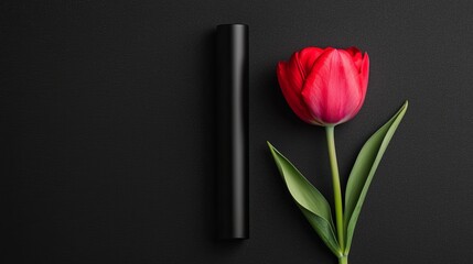 Fototapeta premium A vibrant red tulip placed beside a sleek black cylinder on a textured black background for a modern aesthetic appeal.
