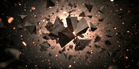 Abstract digital depicting shattered geometric shapes floating in a dark space with glowing particles around them.