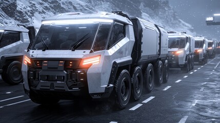Futuristic armored transport vehicles lined up on a snowy road in a high-tech, sci-fi landscape during a stormy night.