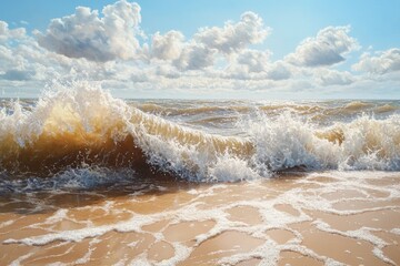 Dynamic and vibrant scene of ocean waves crashing onto a sandy beach with white foam spray