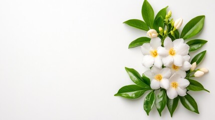 Fresh Jasmine Flowers Arranged on a Bright White Background. Generative AI