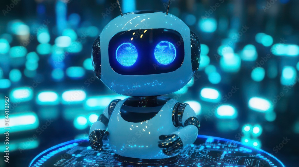 Poster a 3d robotic chatbot on a microchip processor, representing ai in science and business, depicted on 