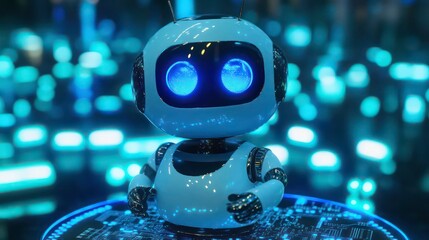 A 3D robotic chatbot on a microchip processor, representing AI in science and business, depicted on a futuristic blue background with illuminated lights.