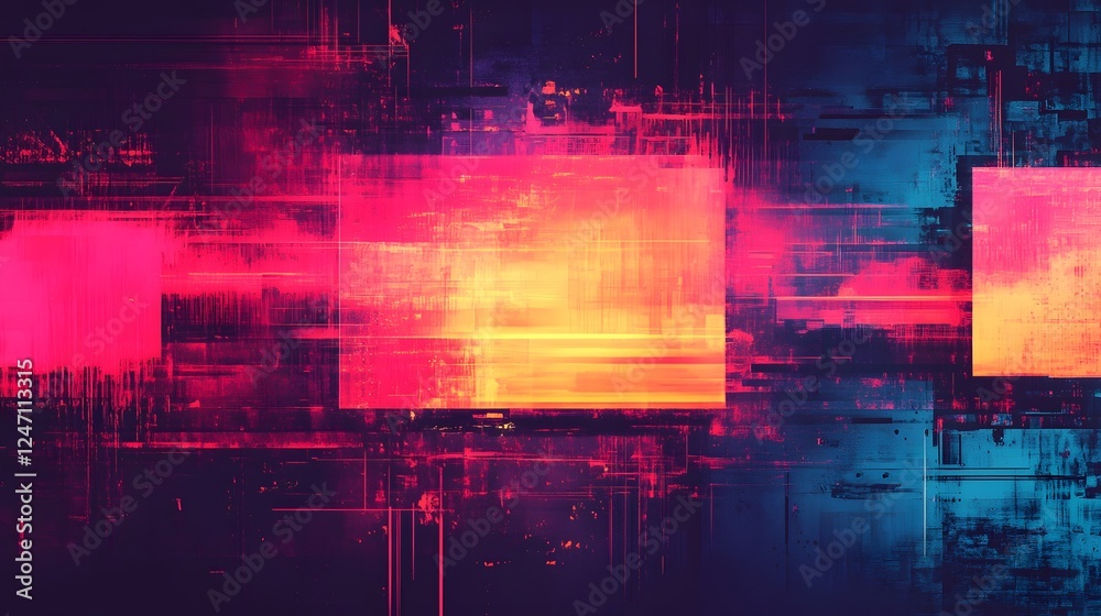 Poster Captivating Digital Abstraction Glitched Neon Hues Converge in Futuristic Visualization of Vibrant Colorful Technological Patterns and Textures  Mesmerizing Fractal like Composition with Ethereal
