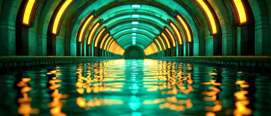 A mesmerizing underground tunnel with glowing lights reflecting on the tranquil water surface creates an enchanting scene.