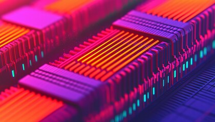 Fototapeta premium This vibrant abstract image showcases colorful circuit board components with a futuristic technological design.