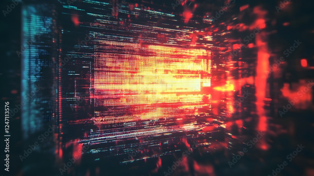 Poster captivating digital art composition featuring a vibrant neon colored landscape with glitch effects f