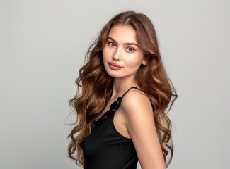 Fototapeta premium Fashionable healthy female model with clean skin, make-up and perfect hairstyle against white studio wall background