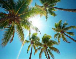 Tropical Palm Trees from Below Against a Clear Blue Sky
