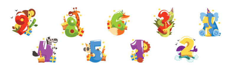 Happy Animal with Bright Number as Anniversary Celebration Vector Set