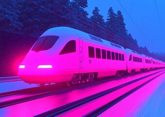 Fototapeta premium A futuristic train travels through a vibrant neon landscape under a rainy sky in a stunning digital representation.