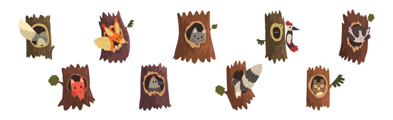 Animal Character in Hollow Tree Trunk Vector Set