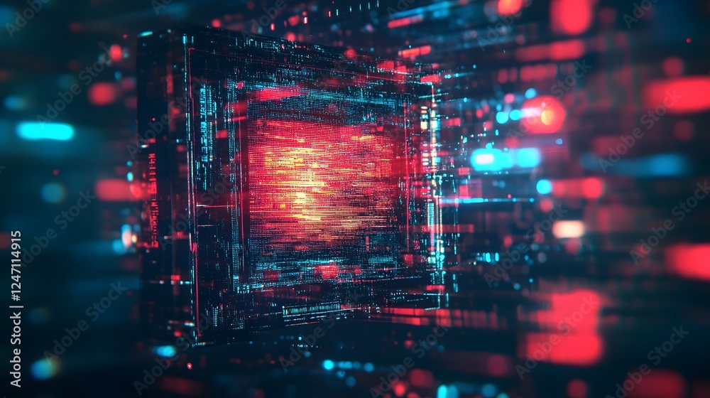 Poster Captivating futuristic digital landscape with neon geometric shapes glowing fractal patterns and a dynamic visually striking aesthetic  The image evokes a sense of technology innovation