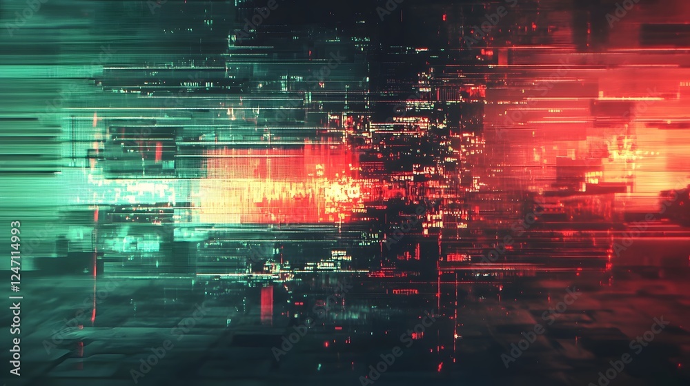 Leinwandbilder Captivating glitch art visualization with vibrant neon distortion and mesmerizing digital patterns that create a dynamic futuristic and transformative aesthetic