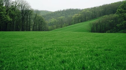 Fototapeta premium A lush green landscape showcases rolling hills and vibrant trees under a cloudy sky, creating a serene natural scene.
