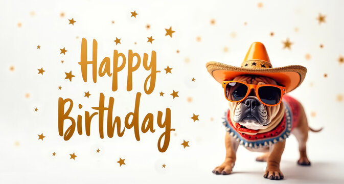 Funny French bulldog wearing sombrero hat with sunglasses on white background. Birthday card