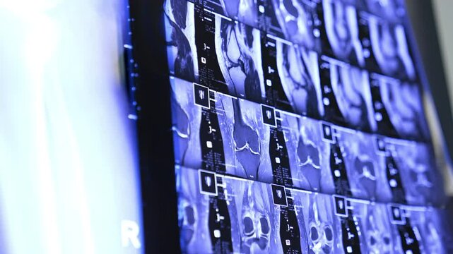 Knee joint MRI shots. Scans of the traumatized limb getting ready for operation. Close up.