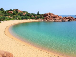 A serene beach with golden sand and clear turquoise water surrounded by lush greenery and rocky formations under sunlight